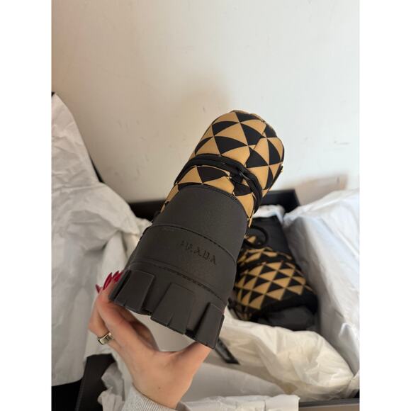 Prada Apres-Ski Boots Black & Brown Triangle Pattern Lug Sole - Picture 7 of 10
